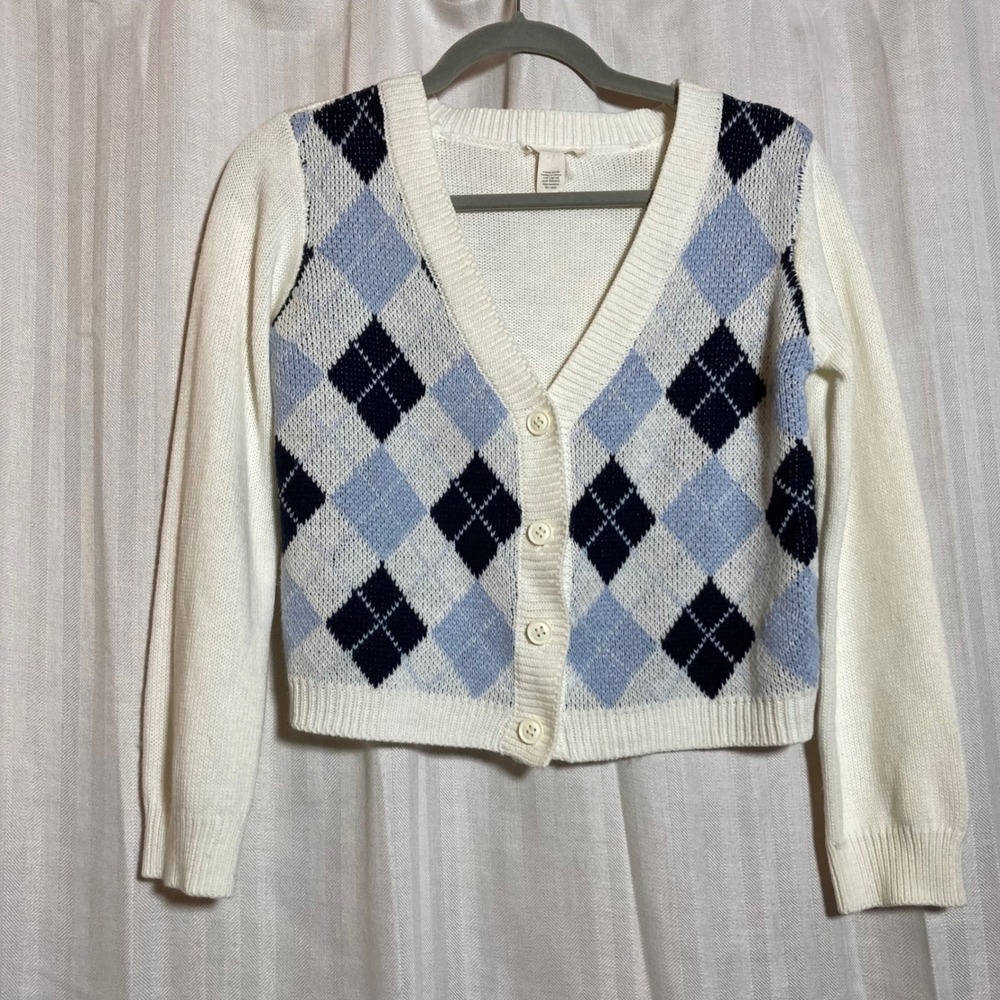 Full Tilt Tillys Womens Argyle Cropped Cardigan Sweater White Blue Navy S Preppy